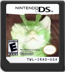 a little green alien kitty inside a DS cartridge