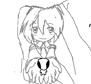 a black and white sketch of Hatsune Miku offering the viewer a tiny grey alien