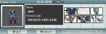 my pokémon trainer card from www.pokecharms.com, in a style similar to DS Download Play. name: abel. friend code: SW-6270-1493-2436. pokémon team: Murkrow, Cursola, Elgyem, Phantump, Grafaiai, and Absol. 