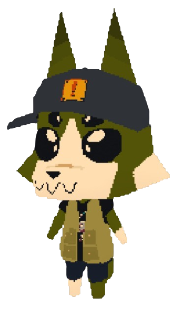 my dog avatar in the game Webfishing. they have darkgreen and white fur, alien eyes, and are wearing the Vinesauce hat and a fishing vest.