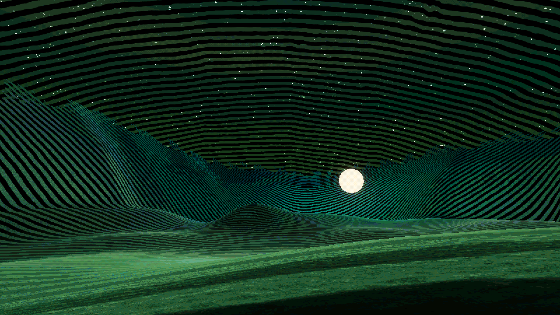 Screenshot from The New Flesh. It depict a vast field covered in green and black stripes, reminiscent of the album cover for Another Light. A white sun floats in the distance.