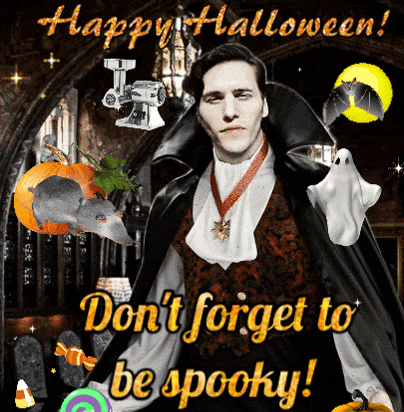 Edited photo of Jerma985 dressed as a vampire. Overlaid text reads: 'Happy Halloween! Don't forget to be spooky!'