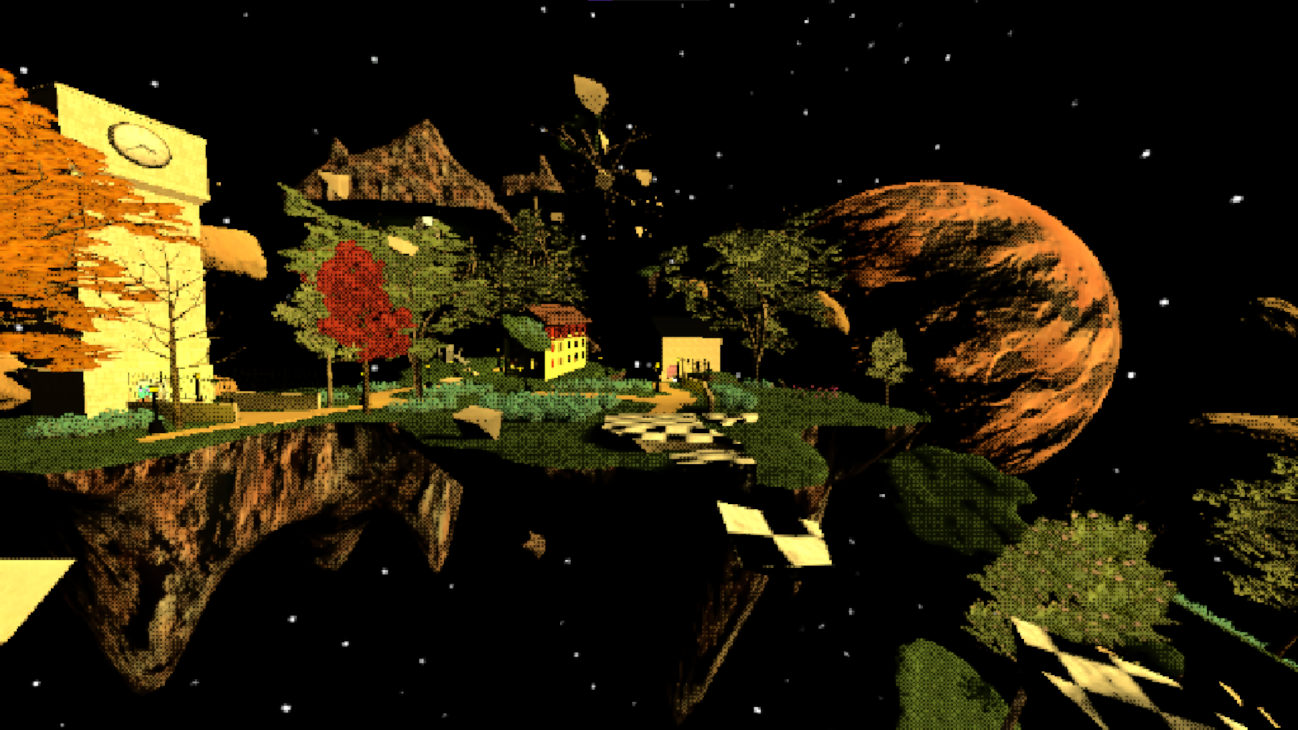 Screenshot from Clockwork Dreams. It depicts a dream world of islands floating in space.