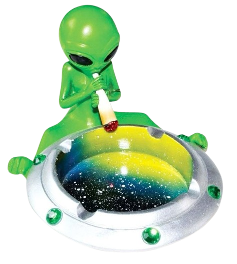 green alien smoking a joint, with an ufo as its ash tray